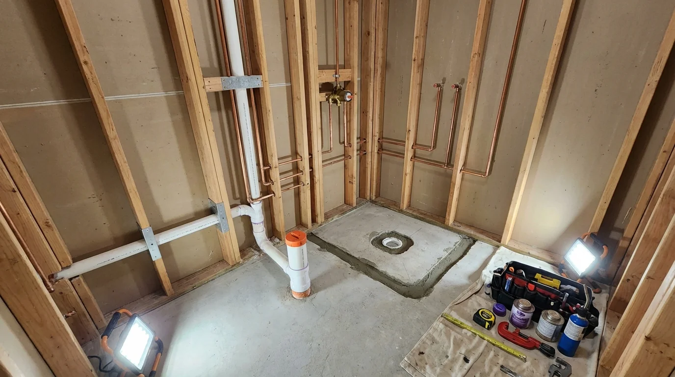 Bathroom rough-in plumbing during remodel by Johns Plumbing LLC in Landis