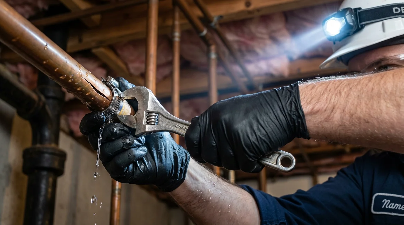 Emergency pipe clamp repair being performed by a Johns Plumbing LLC plumber in Landis
