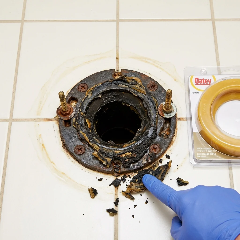 Failed wax ring showing water seepage at the base of a toilet in a Landis, NC home
